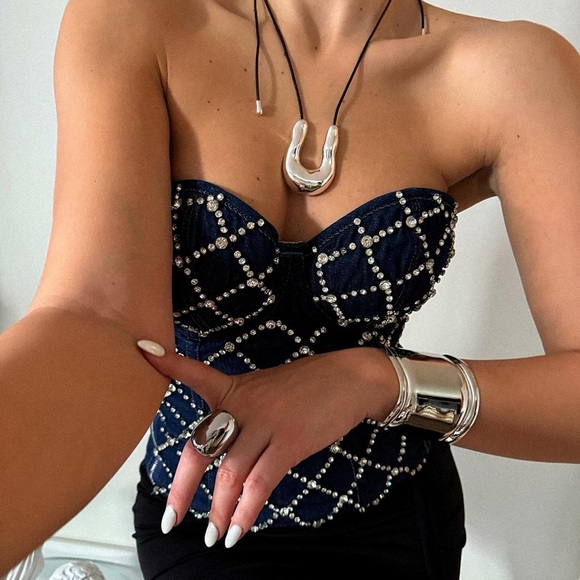 Rhinestone Strapless Overbust Denim corset top. Size S-M. - Picture 1 of 9